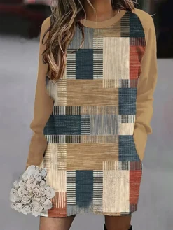 Women's Casual Dress Sweatshirt Dress Winter Dress Geometric Plaid Pocket Print Crew Neck Mini Dress Fashion Streetwear Outdoor Daily Long Sleeve Loose Fit Yellow Pink Blue Fall Winter S M L XL XXL