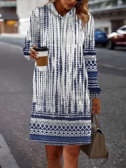 Women's Casual Dress Hoodie Dress Mini Dress Warm Fashion Outdoor Holiday Vacation V Neck Print Floral Loose Fit White Blue Purple S M L XL XXL -HANs Plus Size Style Shop iehulv1693294424119