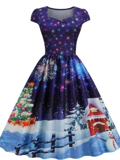 Women's Christmas Swing Dress Vintage DressKnee Length Dress Blue Wine Red Light BlueShort Sleeve Santa Claus Snowman Tree Print Fall Winter Square Neck Vintage Elegant Slim 2022 S M L XL -HANs Plus Size Style Shop ieqqyv1667889861913