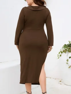 Women‘s Plus Size Curve Party Dress Cocktail Dress Bodycon Midi Dress Black Wine Purple Long Sleeve Pure Color Ruched Spring Fall Winter V Neck Fashion Winter Dress Birthday Wedding Guest 2023 -HANs Plus Size Style Shop ierphl1691464083034