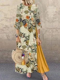 Women's Plus Size Holiday Dress Floral Crew Neck Print 3/4 Length Sleeve Fall Spring Casual Maxi Long Dress Causal Daily Dress / Linen -HANs Plus Size Style Shop ieuqia1631504232178