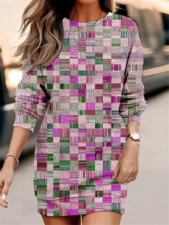 Women's Casual Dress Sweatshirt Dress Mini Dress Warm Fashion Outdoor Holiday Vacation Crew Neck Print Geometric Loose Fit Yellow Blue Purple S M L XL XXL -HANs Plus Size Style Shop ieusng1695195912522