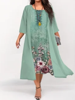 Women's Plus Size Curve Two Piece Dress Set Casual Dress Swing Dress Outdoor Daily Fashion Elegant Print Midi Dress Crew Neck 3/4 Length Sleeve Floral Light Green Blue Dark Green Fall Winter S M -HANs Plus Size Style Shop ifgjcb1692934058456