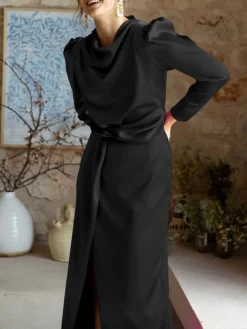 Women's Casual Dress Plain Dress Spring Dress Midi Dress Split Knot Front Work Street Daily Fashion Streetwear Crew Neck Long Sleeve 2023 Regular Fit Black Blue Green Color S M L XL Size -HANs Plus Size Style Shop ifmfjd1692617877451