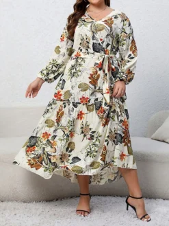 Women's Casual Dress Swing Dress Print Dress Leaf Floral Ruffle Print V Neck Long Dress Maxi Dress Fashion Streetwear Outdoor Daily Long Sleeve Regular Fit Blue Apricot Fall Winter XL XXL 3XL 4XL
