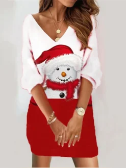 Women's Christmas Sweatshirt Dress Winter Dress Mini Dress Red 3/4 Length Sleeve Snowman Print Winter Fall V Neck Vacation Casual Loose Fit 2022 S M L XL XXL 3XL
