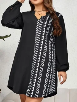 Women's Plus Size Curve Casual Dress Sheath Dress Black Dress Geometric Midi Dress Long Sleeve Lace Up Print V Neck Fashion Outdoor Black Fall Winter XL XXL 3XL 4XL -HANs Plus Size Style Shop ifrkxh1695024243915