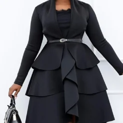 Women‘s Plus Size Curve Party Dress Solid Color Square Neck Ruffle Long Sleeve Winter Fall Basic Casual Prom Dress Midi Dress Work Daily Dress Black Dress Homecoming Dress -HANs Plus Size Style Shop ifronx1651652218533