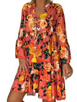 Women‘s Plus Size Curve Casual Dress Floral V Neck Print Long Sleeve Fall Spring Casual Short Mini Dress Daily Vacation Dress -HANs Plus Size Style Shop igcmac1660643940158