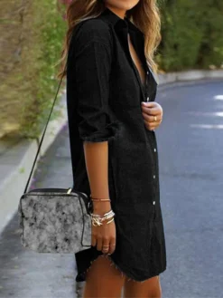 Women's Denim Dress Shirt Dress Shift Dress Mini Dress Outdoor Winter Dress Daily Cotton Denim Casual Shirt Collar Button Pocket Long Sleeve Summer Spring Fall 2023 Regular Fit Black Army Green Dark -HANs Plus Size Style Shop igknyi1653299661069