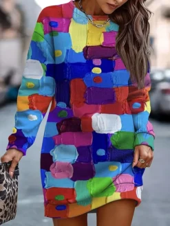 Women's Casual Dress Sweatshirt Dress Winter Dress Graffiti Print Crew Neck Mini Dress Fashion Streetwear Outdoor Daily Long Sleeve Loose Fit Red Navy Blue Blue Fall Winter S M L XL XXL -HANs Plus Size Style Shop igmusq1694077611485