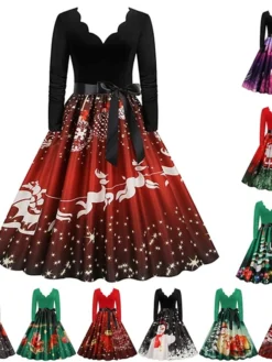 Women's Christmas Party Dress Swing DressKnee Length Dress Green Purple Wine Red Black Long Sleeve Santa Claus Elk Snowman Print Fall Winter V Neck Vintage Party Elegant Party 2022 S M L XL XXL 3XL
