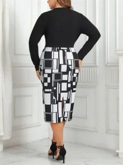 Women's Plus Size Curve Party Dress Winter Dress Bodycon Geometric Midi Dress Long Sleeve Patchwork Print V Neck Fashion Party Black Fall Winter XL XXL 3XL 4XL -HANs Plus Size Style Shop igzsfx1695096075483