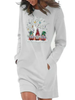 Women‘s Christmas Hoodie Dress Winter Dress Light Blue Grey White Long Sleeve Santa Claus Pocket Print Winter Fall Crew Neck Stylish Casual 2022 S M L XL 2XL / Cotton -HANs Plus Size Style Shop ihfpau1666676388220