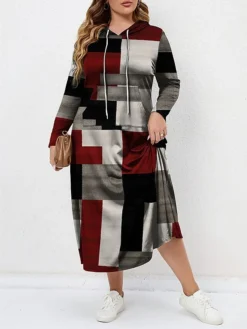 Women's Plus Size Curve Hoodie Dress Casual Dress Winter Dress Plaid Long Dress Maxi Dress Long Sleeve Pocket Print Hooded Fashion Outdoor Gray Fall Winter L XL XXL 3XL 4XL