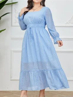 Women's Plus Size Prom Dress Party Dress Corset Dress Long Dress Maxi Dress Light Blue Long Sleeve Pure Color Drawstring Fall Winter Autumn Square Neck Fashion Winter Dress Evening Party Wedding Guest -HANs Plus Size Style Shop ihkngs1693535309053