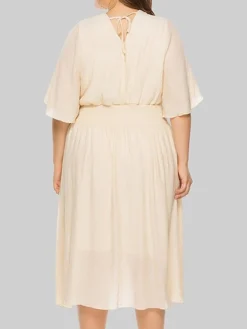 Women‘s Plus Size Curve Party Dress Wedding Guest Dress Swing Dress Midi Dress Black Beige Half Sleeve Pure Color Pleated Summer Spring Fall V Neck Party Birthday Wedding Guest Vacation 2023 -HANs Plus Size Style Shop ihvpju1691399368012