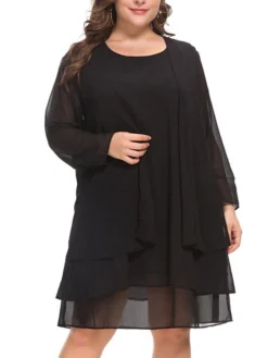 Women‘s Plus Size Curve Casual Dress Solid Color Crew Neck Mesh Long Sleeve Spring Fall Casual Knee Length Dress Daily Vacation Dress -HANs Plus Size Style Shop ihzsth1691043843014