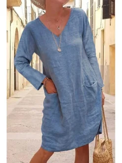 Women's Linen Dress Shift Dress Knee Length Dress Black Yellow Khaki Long Sleeve Pure Color Winter Fall V Neck Basic Winter Dress Weekend Fall Dress Loose Fit 2023 S M L XL XXL 3XL 4XL 5XL