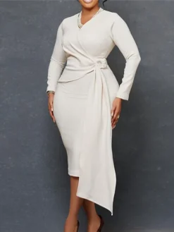 Women‘s Plus Size Curve Work Dress Solid Color V Neck Long Sleeve Fall Winter Elegant Formal Knee Length Dress Formal Date Dress