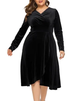 Women's Plus Size Curve Party Dress Velvet Dress Sheath Dress Solid Color Midi Dress Long Sleeve Ruched Patchwork V Neck Fashion Wedding Deep Green Black Spring Fall XL XXL 3XL 4XL 5XL -HANs Plus Size Style Shop ijlrql1693533330497