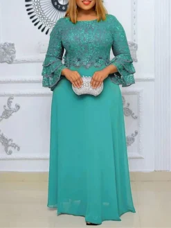 Women‘s Plus Size Curve Party Dress Lace Dress Sheath Dress Solid Color Long Dress Maxi Dress 3/4 Length Sleeve Lace Crew Neck Fashion Party Pink Blue Summer Spring L XL XXL 3XL -HANs Plus Size Style Shop ijmuhb1677652738093