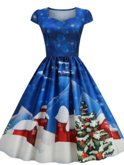 Women's Christmas Vintage Dress Blue Wine Red Light Blue Short Sleeve Print Print Winter Fall Square Neck Vintage 2022 S M L XL 2XL 3XL -HANs Plus Size Style Shop ijtryi1667467159478
