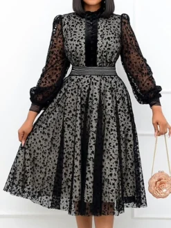 Women‘s Plus Size Curve Black Dress Easter Dress Crew Neck Lace Vacation Dress Solid Color Long Sleeve Fall Winter Prom Dress Midi Dress -HANs Plus Size Style Shop ikmxyr1652684147603