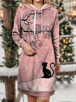 Women's Christmas Dress Hoodie Dress Mini Dress Warm Fashion Outdoor Christmas Holiday Hoodie Print Cat Loose Fit Pink Purple Khaki S M L XL XXL -HANs Plus Size Style Shop ikqclb1697633936027