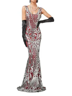Women's Retro 1920s Sequin Dress Long Dress Maxi Dress Party Halloween Sequins Patchwork Floral Deep U Sleeveless Regular Fit Spring Fall 2023 Red Gold XS S M L