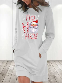 Women‘s Christmas Hoodie Dress Winter Dress Light Blue Grey White Long Sleeve Letter Santa Claus Snowflake Pocket Print Winter Fall Crew Neck Stylish Casual Fall Dress Loose Fit 2022 S M L XL 2XL -HANs Plus Size Style Shop ikuuzi1666088267259