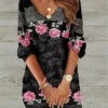 Women's Casual Dress Sweatshirt Dress Print Dress Floral Abstract Print V Neck Mini Dress Fashion Streetwear Outdoor Daily 3/4 Length Sleeve Loose Fit Black Blue Brown Fall S M L XL XXL