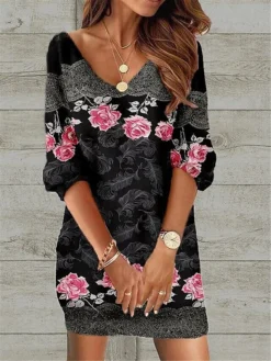 Women's Casual Dress Sweatshirt Dress Print Dress Floral Abstract Print V Neck Mini Dress Fashion Streetwear Outdoor Daily 3/4 Length Sleeve Loose Fit Black Blue Brown Fall S M L XL XXL