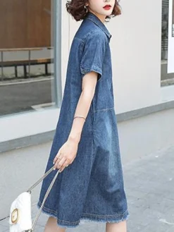 Women's Denim Dress Casual Dress Midi Dress Denim Basic Casual Outdoor Daily Vacation Shirt Collar Button Short Sleeve Summer Spring Fall 2023 Loose Fit Blue Plain S M L XL -HANs Plus Size Style Shop imbflb1677036194769