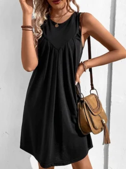 Women's Casual Dress Tank Dress Summer Dress Mini Dress Ruched Outdoor Daily Date Fashion Streetwear Crew Neck Sleeveless 2023 Regular Fit Black Wine Navy Blue Color S M L XL Size -HANs Plus Size Style Shop imfhcb1686045521864