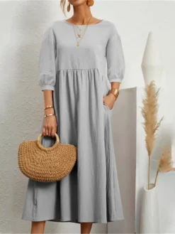 Women's Casual Dress Midi Dress Black White Pink 3/4 Length Sleeve Pure Color Ruched Summer Spring Crew Neck Casual 2023 S M L XL XXL -HANs Plus Size Style Shop inaywh1628228165188