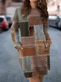 Women's Casual Dress Sweatshirt Dress Mini Dress Warm Fashion Outdoor Vacation Going Out Crew Neck Pocket Print Geometric Loose Fit Yellow Blue Orange S M L XL XXL -HANs Plus Size Style Shop infdef1694590957575