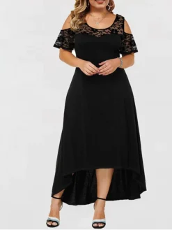 Women‘s Plus Size Curve Party Dress Lace Dress A Line Dress Solid Color Long Dress Maxi Dress Short Sleeve Lace Crew Neck Modern Party Black Red Spring Summer XL XXL 3XL 4XL 5XL -HANs Plus Size Style Shop inioek1672986117211