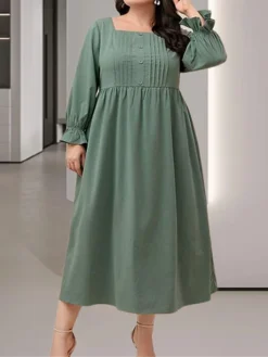 Women's Plus Size Curve Casual Dress Winter Dress Swing Dress Plain Midi Dress Long Sleeve Ruched Pocket Square Neck Fashion Outdoor Green Fall Winter XL XXL 3XL 4XL 5XL