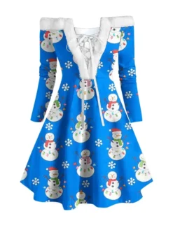 Women's Christmas Swing Dress Vintage Dress Mini Dress Green Blue Royal Blue Red White Black Long Sleeve Santa Claus Snowman Snowflake Feather Print Winter Fall Off Shoulder Stylish Elegant -HANs Plus Size Style Shop inyxij1666597371685