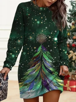 Women's Christmas Casual Dress Sweatshirt Dress Mini Dress Warm Fashion OutdoorVacation Crew Neck PrintTree Loose Fit Black Blue Green S M L XL XXL