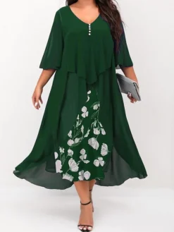 Women's Plus Size Curve Work Dress Floral V Neck Ruched 3/4 Length Sleeve Spring Summer Work Elegant Midi DressLayered Formal Vacation Dress -HANs Plus Size Style Shop ioaqik1662014409011