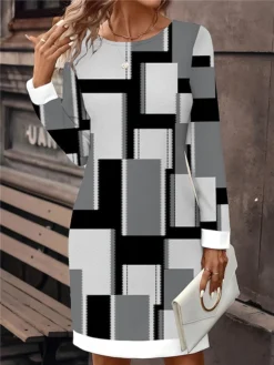 Women's Casual Dress Sweatshirt Dress Mini Dress Active Fashion Outdoor Holiday Vacation Crew Neck Print Geometric Print Loose Fit White Pink Gray S M L XL XXL -HANs Plus Size Style Shop iogfbr1695194877601