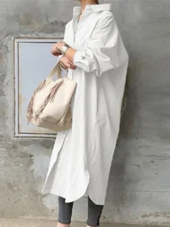 Women's Shirt Dress Maxi Long Dress Winter Dress Daily Vacation Cotton Casual Shirt Collar Button Long Sleeve Summer Spring Fall 2022 Loose Fit White Blue Khaki Pure Color S M L XL -HANs Plus Size Style Shop ioqebq1635849253061