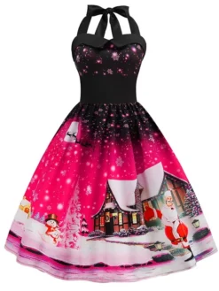 Women's Christmas Swing Dress Vintage Dress Midi Dress Blue Purple Fuchsia Red Sleeveless Santa Claus Backless Print Winter Fall Halter Neck Vacation Stylish Elegant 2022 S M L XL XXL -HANs Plus Size Style Shop ioupej1666168101359