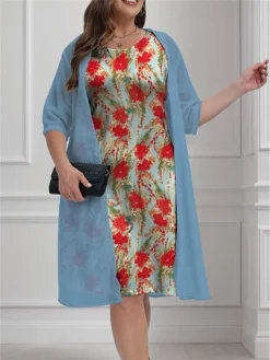 Women's Plus Size Curve Casual Dress Dress Set Two Piece Dress Floral Midi Dress 3/4 Length Sleeve Print Crew Neck Fashion Outdoor Blue Fall Winter L XL 2XL 3XL 4XL