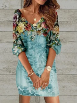 Women's Casual Dress Ethnic Dress Shift Dress Mini Dress Black Wine Red 3/4 Length Sleeve Floral Print Spring Fall Winter V Neck Fashion Loose Fit 2023 S M L XL XXL 3XL 4XL 5XL -HANs Plus Size Style Shop iowcrr1671162542133