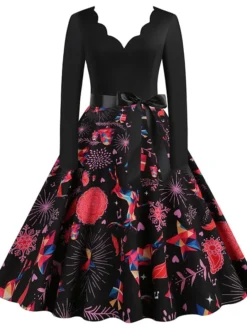 Women's Christmas Casual Dress Swing Dress Vintage Dress Midi Dress Black Wine Orange Long Sleeve Animal Bow Winter Fall Autumn V Neck 2022 S M L XL XXL 3XL -HANs Plus Size Style Shop iowzsa1666853153599