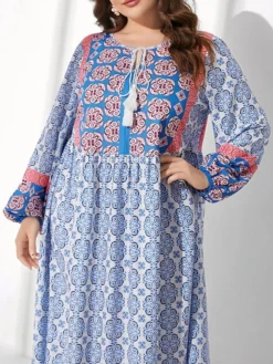 Women's Plus Size Work Dress Shift Dress Fashion Long Dress Maxi Dress Patchwork Print Off Shoulder Long Sleeve Floral Color Block Loose Fit Blue Fall L XL XXL 3XL 4XL -HANs Plus Size Style Shop ipiwup1693300569354