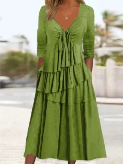 Women's Casual Dress Summer Dress Loose Dress Plain Ruched Twist V Neck Midi Dress Fashion Basic Outdoor Daily Long Sleeve Loose Fit Light Green Pink Wine Summer Spring S M L XL XXL